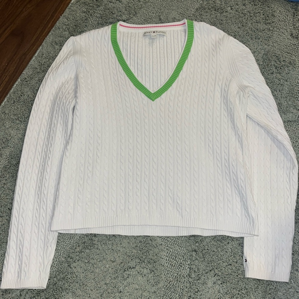 Tommy Hilfiger vintage white corded sweater with green collar trim